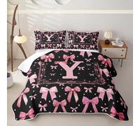 Loussiesd Pink Bow Quilted Bedspread Bow Letter Y Quilted Bedspread Lightweight Coverlet Set King Girls Bowknot Bedding Set with Pillowcases for All Season Microfiber Bed Decor