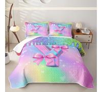 Loussiesd Pink Bow Quilted Bedspread for All Season Personalized Initial Y Bedspread King Size for Kids Boys Girls Rainbow Quilted Bedding with 2 Pillowcases Cute Bowknot Coverlet Set Soft Colorful