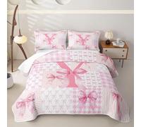 Loussiesd Pink Bow Quilted Bedspread for Double Size Bed Personalized Initial Y Bedspread Bed Summer Lightweight Comforter Cute Bowknot Coverlet All Season 3 Pieces (1 Quilt, 2 Pillowcases)