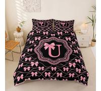 Loussiesd Pink Bowknot Duvet Cover Double Size Stripes Bow Bedding Set for Boys Girls Personalized Initial Letter U Bedspread Bedroom Decor 3Pcs Zipper Closure With 2 Pillowcases