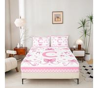 Loussiesd Pink Bowknot Fitted Sheet Double Size For Kids Boys Girls Initial Letter C Bed Sheets Set 16" Deep Pocket Soft Breathable Cute Bow Alphabet Bedding With 2 Pillowcases Love Heart