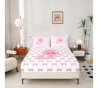 Loussiesd Pink Bowknot Fitted Sheet Double Size For Kids Boys Girls Initial Letter J Bed Sheets Set 16" Deep Pocket Soft Cute Bow Alphabet Bedding With 2 Pillowcases Dreamy Princess