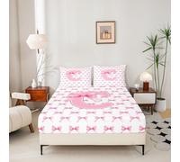 Loussiesd Pink Bowknot Fitted Sheet With 2 Pillowcases Double Size Initial Letter C Bed Sheets Set 16" Deep Pocket Boys Girls Cute Bow Alphabet Bedding Dreamy Princess Teens Soft Lightweight