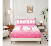 Loussiesd Pink Bowknot Fitted Sheet With 2 Pillowcases Double Size Initial Letter U Bed Sheets Set 16" Deep Pocket Boys Girls Princess Glitter Star Print Bedding Bow Alphabet Teens Soft Lightweight