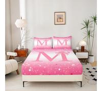 Loussiesd Pink Bowknot Fitted Sheet With 2 Pillowcases King Size Initial Letter M Bed Sheets Set 16" Deep Pocket Boys Girls Princess Glitter Star Print Bedding Bow Alphabet Teens Soft Lightweight