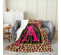 Loussiesd Pink Brown Leopard Plush Throw Blanket Initial Letter A Flannel Blanket Double 60x79Inch Rose Pink Bow All Season Cute Bowknot for Couch Bed Sofa Bedroom Decor