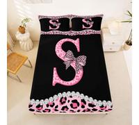 Loussiesd Pink Cheetah Bow Fitted Sheet with 2 Pillowcases King Size Coquette Bowknot Bed Sheets Set 16" Deep Pocket Girls Initial Letter S Bedding Teens Bedroom Decor Soft Lightweight Microfiber