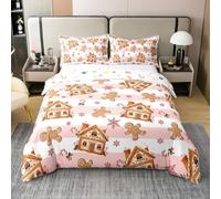 Loussiesd Pink Christmas Gingerbread Man Duvet Cover Set Gingerbread House Bedding Set Super King Size for Kids Boys Girls Christmas Snowflake Comforter Cover