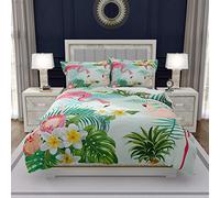 Loussiesd Pink Flamingo Duvet Cover Set Double for Children Teens Blossom Flower Bedding Set Tropical Leaves Comforter Cover with 2 Pillowcases Floral Microfiber Zipper Palm Leaf 3 Pcs Bedspread Cover