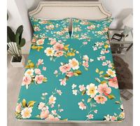 Loussiesd Pink Flower Bedding Sheets Double Flower Botanical for Adult Dark Green Fitted Sheet Bed Set Leaves Vintage Bed Cover 3Pcs,1 Fitted Sheet+2 Pillow Sham（No Flat Sheet）