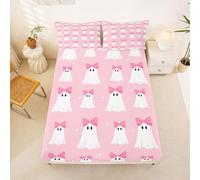 Loussiesd Pink Halloween Ghost Fitted Sheet with 1 Pillowcase Single Size Cute Ghost Bed Sheets Set 16" Deep Pocket Boys Girls Halloween Decor Bedding Teens Bedroom Decor Breathable Soft Microfiber