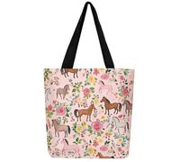 Loussiesd Pink Horse Canvas Tote Bags for Women Gifts Floral Flower Large Capacity Shoulder Handbags Travel Beach Bag Cute Animal Decor Reusable Grocery Bag for Shopping Gym Western