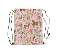 Loussiesd Pink Horse Drawstring Backpack Floral Flower Sports Gym String Bag Cute Animal Decor Drawstring Bags Western Waterproof Cinch Bag Sackpack