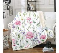 Loussiesd Pink Poppy Sherpa Blanket Poppy Floral Fleece Throw Blanket for Sofa Couch Bed Botanical Floral Printed Plush Blanket Ultra Soft Decor Colorful Wild Flowers Fuzzy Double 60"x79"