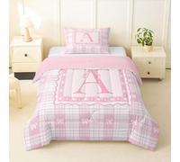 Loussiesd Pink Ribbon Bow Comforter Set Single Size Cute Bowknot Pink White Plaid Bedding Set for Kids Boys Girls Personalized Initial Alphabet Letter A Duvet Quilt Bedroom Decor 2 Pcs