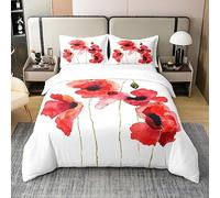 Loussiesd Poppy Flower 100% Cotton Duvet Cover King Size Red Floral Botanical Bedding Cotton Duvet Cover Set for Bedroom Rustic Spring Garden Theme White Bedding Set