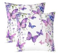 Loussiesd Purple Butterfly Throw Pillow Covers Set of 2 40x40cm Kids Floral Flower Reversible Cushion Case for Boys Girls Teens Lavender Pillowcases for Sofa Couch Bed Spring,Indoor Outdoor