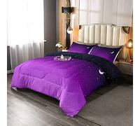 Loussiesd Purple Galaxy Duvet Double Star Moon Printed Quilted Outer Space for Teens Kids Girls Boys Galaxy 4 Seasons Duvet Soft Breathable Microfiber