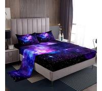 Loussiesd Purple Galaxy Sheet Set Double Size Out Space Bedding Sheets Set with Flat & Fitted Sheet for Boys,Girls and Kids Bedding Collection Starry Sky Universe Star Sheets Luxury