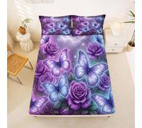 Loussiesd Purple Rose Flower Fitted Sheet with 1 Pillowcase Single Size Butterfly Bed Sheets Set 16" Deep Pocket Girls Galaxy Outer Space Bedding Teens Decor Breathable Soft Lightweight Microfiber