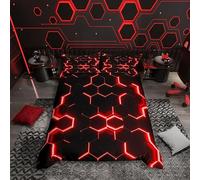 Loussiesd Red and Black Print Duvet Cover Single Size Boys Hexagonal Bedding Set Kids Teens Neon Glitter Honeycomb Decor Comforter Cover Beehive Simplistic Geometric Bed Set 2Pcs