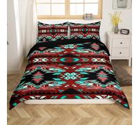 Loussiesd Red Black Southwestern Bedding Duvet Cover Set Double Size Geometric Bedding Set Decor Tribal Western Decor Native American Design Comforter Cover Set Stripe Line Bedspread Cover