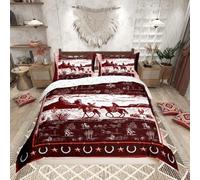 Loussiesd Red Brown Western Decor Duvet Cover Double Size Wild West Cowboy Bedding Set Horse Desert Rodeo Cowboy Style Comforter Cover Set Decor Horseshoes West Texas Star Bedspread Cover