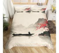 Loussiesd Red Cherry Blossoms Kids Duvet Cover Double Size Boat Lake Mountain Bedding Set Chinese Ink Landscape Painting Comforter Cover for Kids Boys Girls Bedroom Japanese Style Decor Ultra