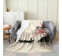 Loussiesd Red Cherry Blossoms Kids Throw Blanket Double 60x79Inch Boat Lake Mountain Plush Throw Blanket Chinese Ink Landscape Painting Sherpa Blanket for Kids Boys Bedroom Japanese Style Decor Ultra