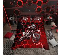 Loussiesd Red Dirt Bike Duvet Cover Set Double Size For Kids Boys Teens Bedroom Geometric Honeycomb Bedding Set Hexagonal Extreme Sports Comforter Cover with 2 Pillowcases