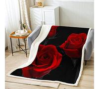 Loussiesd Red Roses Fleece Throw Blanket Rose Floral Sherpa Blanket For Girls Women Couple Lover Romantic Flowers Valentine's Day for Sofa Bed,Red Black King 87x94 Inch