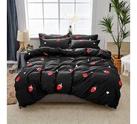 Loussiesd Red Strawberry Duvet Cover Set Black Reversible Bedding Set 3pcs for Kids Boys Girls Fruits Theme Comforter Cover Polyester Quilt Cover with 2 Pillow Cases (No Comforter) Double Size