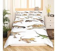 Loussiesd Reptile Bedding Set for Kids Girls Boys Teens Child,Leopard Gecko Comforter Cover Primitive Wildlife Animals Lizard Beige White Green,Decor 3 Pcs Duvet Cover Double & Zipper Ties