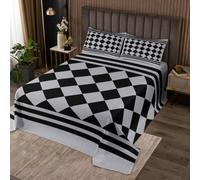 Loussiesd Retro Black Grey Checkerboard Bedspread 3 Pieces Double Size Vintage Geometric Plaid Rhombus Coverlet Set Soft Cozy Modern Simple Groovy Lightweight Bedspread Coverlet With 2 Pillowcases