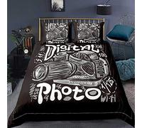 Loussiesd Retro Camera Bedding Set,Vintage Old Style Teen Boys Youth Hippie Hipster Fashion Cool Black Print,Decor Comforter Cover Double Size 3 Pcs (1Duvet Cover +2 Pillowcases),Zipper