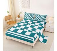Loussiesd Retro Checkerboard Bed Sheets Sets Double Size Kids Vintage Teal Blue White Geometric Plaid Bedding Set Modern Simple Groovy Bed Sheet Set with 16-Inch Deep Pockets 4Pcs with 2 Pillow Cases