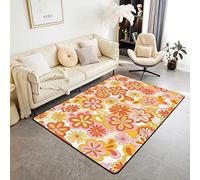 Loussiesd Retro Flowers 60s Groovy Living Room Rugs Vintage 70s Pattern Decor Carpet Groovy Hippie Pattern Accent Rug Yellow Quilted Indoor Floor Mat Kids Area Rug 100X150cm