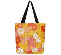 Loussiesd Retro Hippie Flower Canvas Tote Bags for Women Gift 50x40cm 60S 70S Groovy Travel Beach Bag Vintage Boho Plant Floral Botanical Shoulder Handbags Orange Reusable Grocery Bag for Shopping Gym
