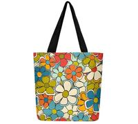 Loussiesd Retro Hippie Flower Canvas Tote Bags for Women Gifts 50x40cm 60S 70S Groovy Travel Beach Bag Cartoon Vintage Boho Plant Floral Botanical Shoulder Handbags Green Blue Reusable Grocery Bag