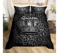 Loussiesd Royal Crown Duvet Cover Junior/Cot Bed Size King and Queen Bedding Set Breathable Soft Black Leopard Print Comforter Cover 2Pcs Romantic Valentine's day Bedroom Decor