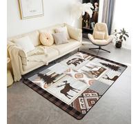 Loussiesd Rustic Area Rug 100 * 150cm Cabin Bear Deer Moose Living Room Rugs for Kids Boys Girls Bedroom Farmhouse Country Checkered Decor Carpet with Non-Slip Backing Buffalo Check Indoor Floor Mat