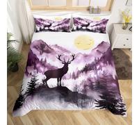 Loussiesd Rustic Cabin Misty Forest Deer Duvet Cover Super King Size Boys Girls Nature Mountain Landscape Bedding Set Breathable Soft Purple Woodland Animal Comforter Cover 3Pcs Bedroom Decor