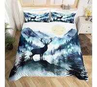 Loussiesd Rustic Cabin Misty Forest Deer Duvet Cover Super King Size Nature Mountain Landscape Comforter Cover for Boys Girls Blue Woodland Animal Bedding Set 3Pcs Room Decor