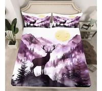 Loussiesd Rustic Cabin Misty Forest Deer Fitted Sheet with 1 Pillowcase Single Size Nature Mountain Landscape Bed Sheets Set 16" Deep Pocket Girls Purple Woodland Animal Bedding Teens Bedroom Decor