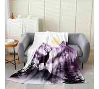 Loussiesd Rustic Cabin Misty Forest Deer Fleece Throw Blanket Nature Mountain Landscape Flannel Blanket Plush Fuzzy Purple Woodland Animal for Couch Chair Living Room Queen 90x90Inch Bedroom Decor