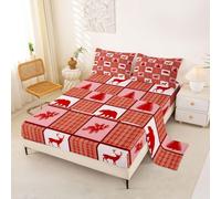 Loussiesd Rustic Deer Bear Bed Sheets Set Double Size Farmhouse Wild Animal Deep Pocket Fitted Sheet Patchwork Country Lodge Bedding Sets Red Soft Bed Set 4Pcs with 2 Pillow Cases