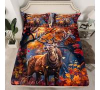 Loussiesd Rustic Deer Fitted Sheet Fall Maple Leaf Print Bed Set for Kids Boys Girls Brwon Cabin Deer Bedding Set Western Wild Animal Sheets Set Bedroom Collection 2Pcs Single,No Flat Sheet