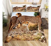 Loussiesd Safari Wildlife Duvet Cover Set King,Cheetah Animal Bedding Set,Field Wild Wood Teen Boys Decorative 3 Piece Comforter Cover with 2 Pillow Shams,Tan Black Lightweight Microfiber