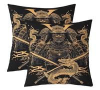 Loussiesd Samurai Pillow Covers for Home Sofa Bed Couch Japanese Style Throw Pillow Covers for Kids Boys Girls Vintage Dragon Cushion Covers Black Gold Pillowcases, 45x45cm Set of 2