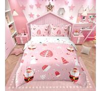Loussiesd Santa Claus Bedding Set Cute Rabbit Kawaii Pink Comforter for Kids Boys Girls Decor Merry Christmas Comforter Set Girly Pink Quilt Set Bedroom Collection 3Pcs Double Size
